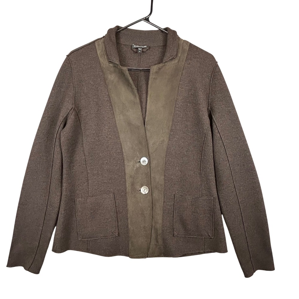 Eileen Fisher Merino Wool Notch Collar Leather Trim Jacket Blazer Brown Size M